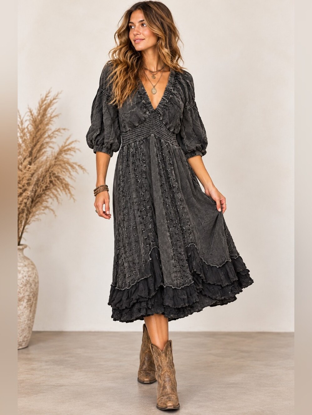 Young Threads Black Mineral Wash Boho Embroidered Ruffle Midi Dress M NWT